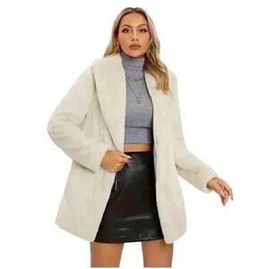 Mayberry Women's Ivory Poly Faux Fur Dress Coat w Rolled Collar & Pockets